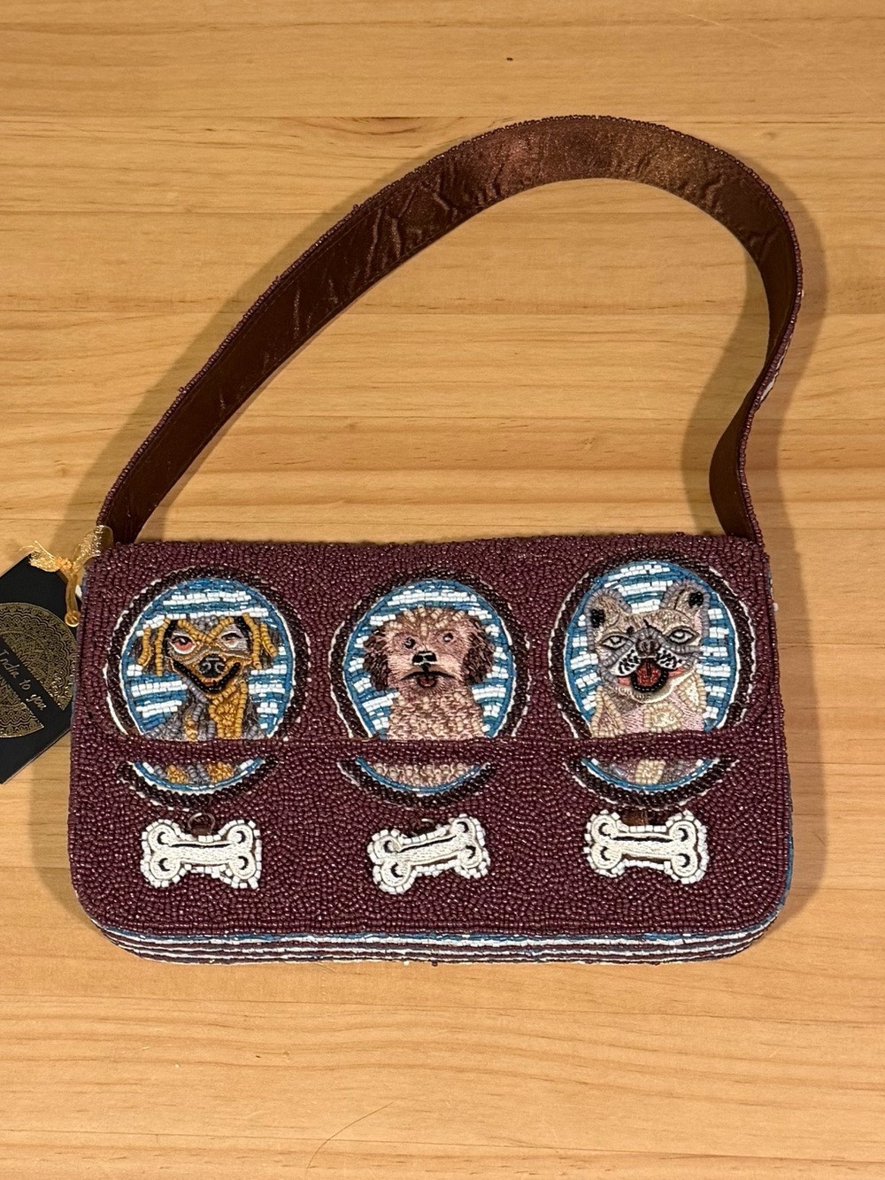 Beaded Dog Portrait Shoulder Bag - Brown